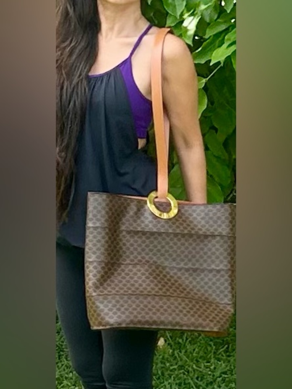 Celine Vintage Authentic  Gold Tone  Circle Macadam Tote  Bag Exquisite